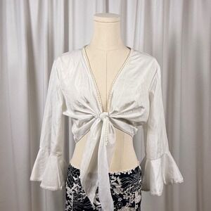 Clamar White Bell Sleeve Cropped Tie Front Blouse